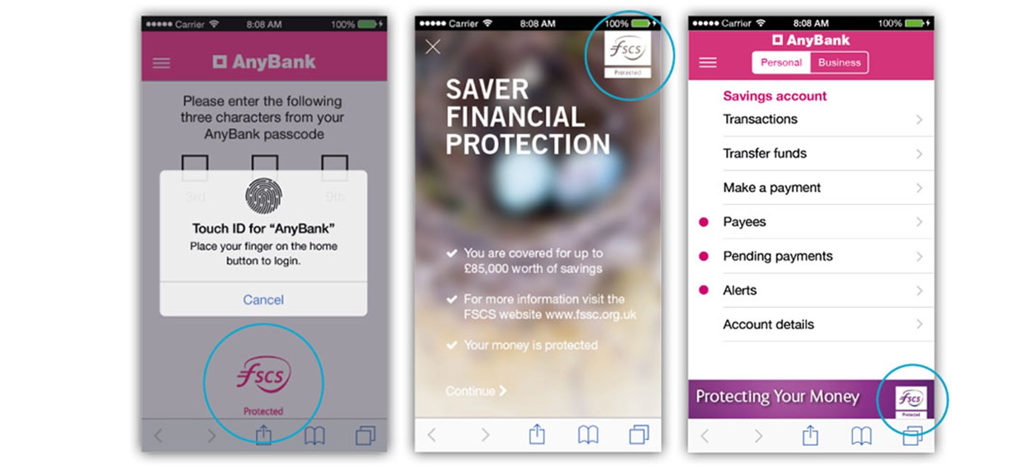 Screengrab of three banking apps with FSCS protected logo