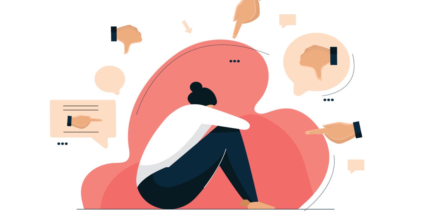 Graphic of person curled up, fingers pointing at them